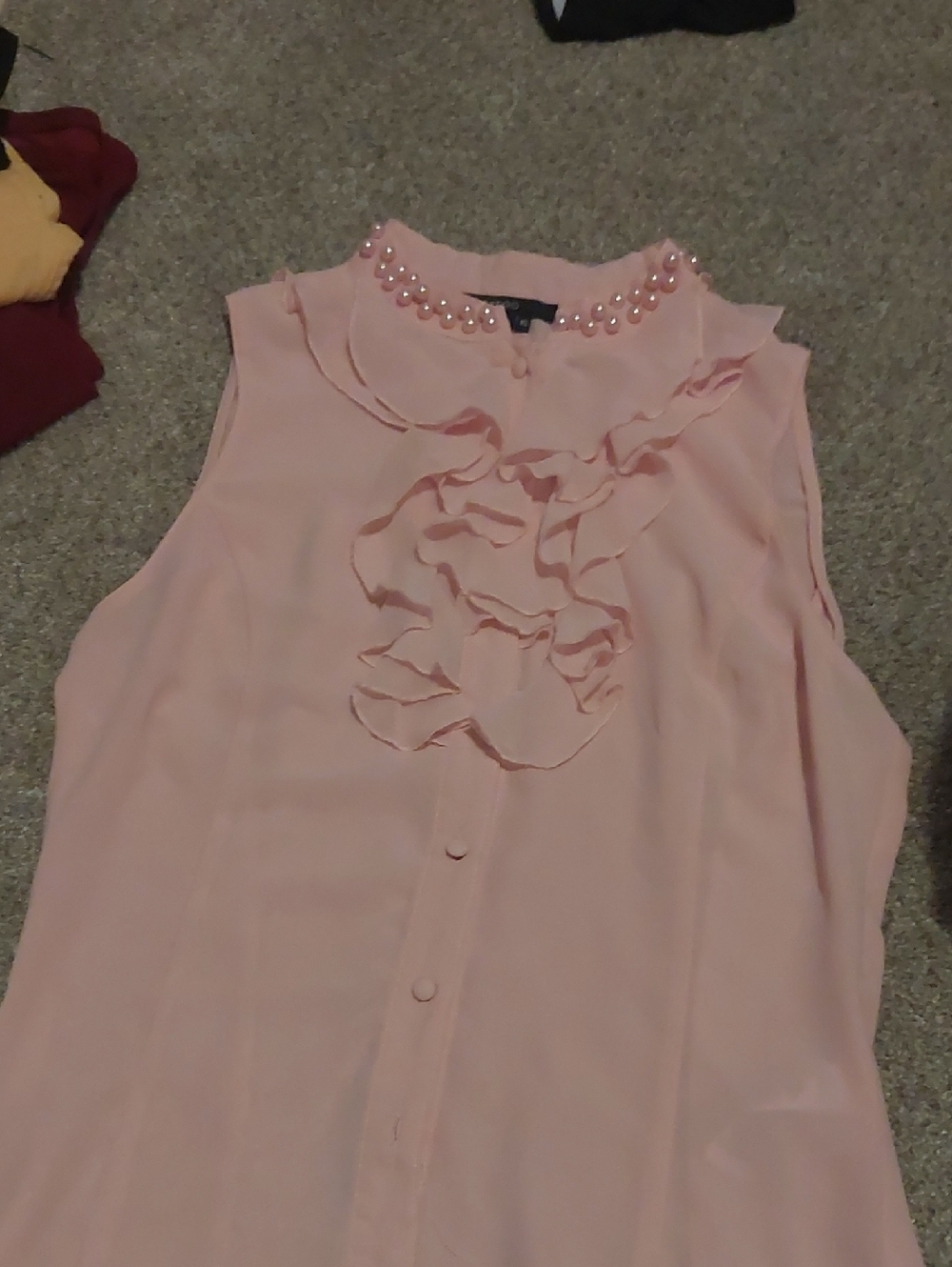 Sleeveless Ruffle Front Pearl Collar Blouse - Pink